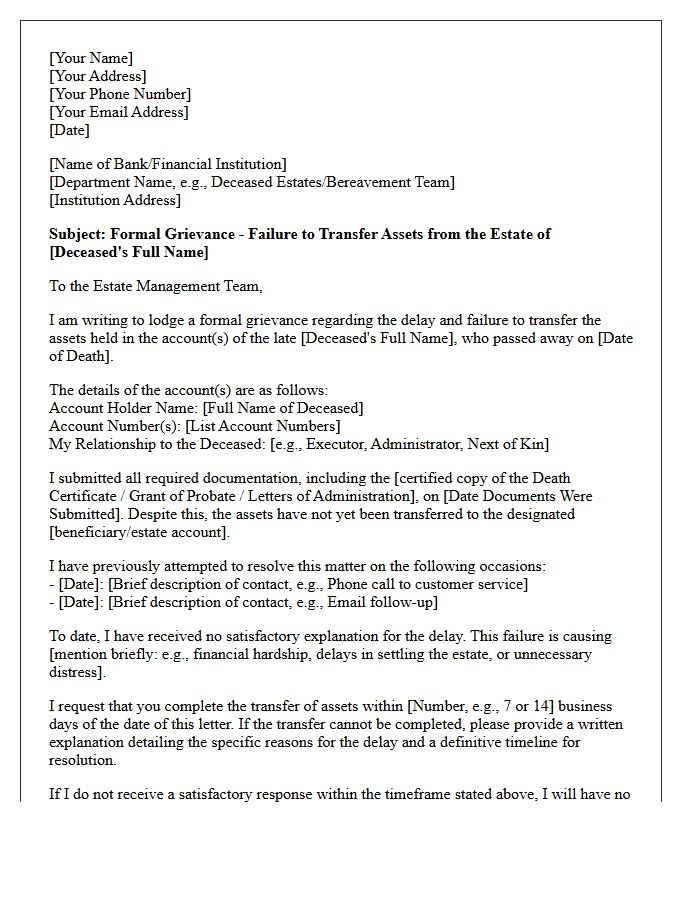 Grievance Letter for the Failure to Transfer Assets From a Deceased Customer Account