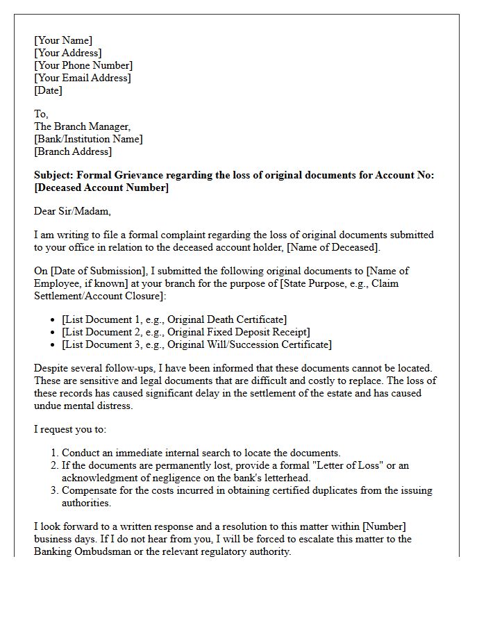Grievance Letter for the Loss of Original Documents Regarding a Deceased Customer Account