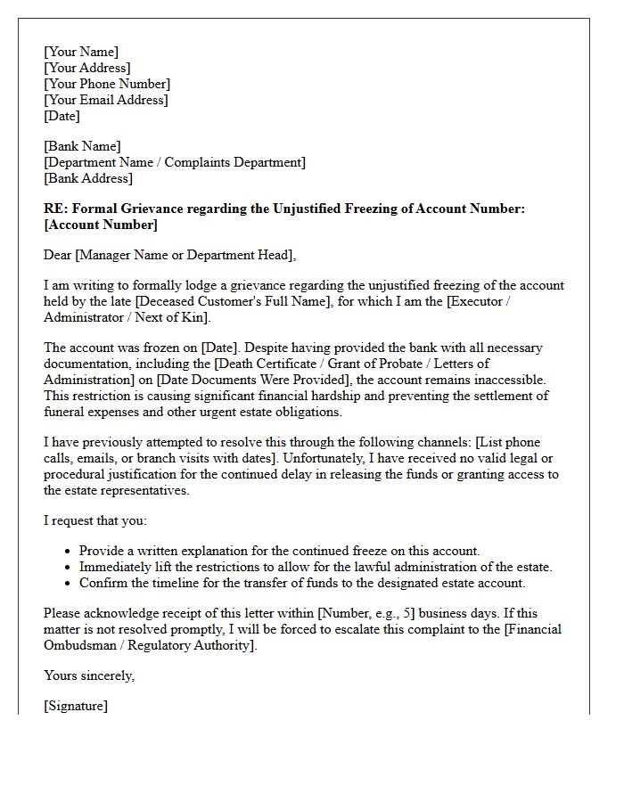 Grievance Letter for the Unjustified Freezing of a Deceased Customer Account