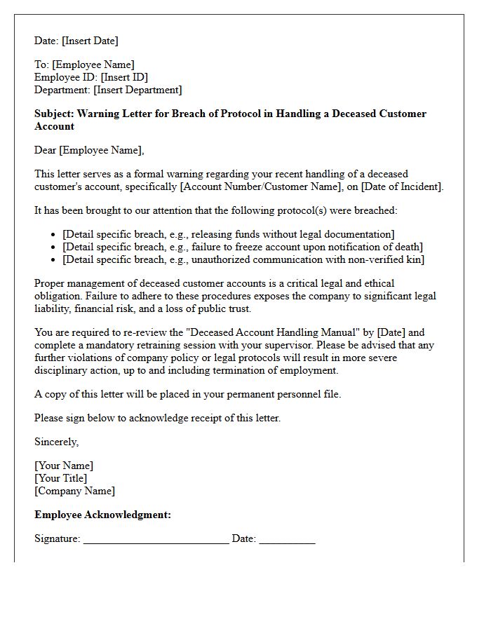 Warning Letter for Breach of Protocol in Handling a Deceased Customer Account