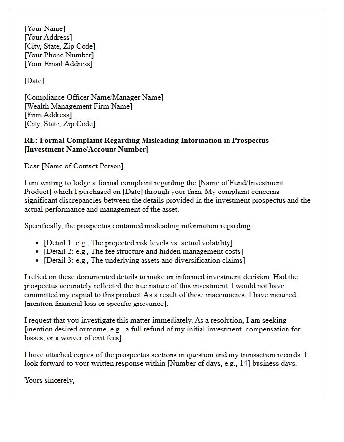 Complaint Letter For Misleading Wealth Management Prospectus Details