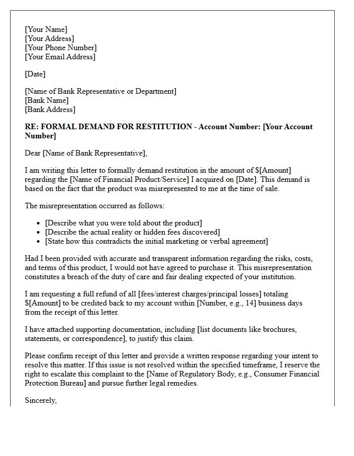 Demand Letter For Restitution Due To Misrepresented Banking Products