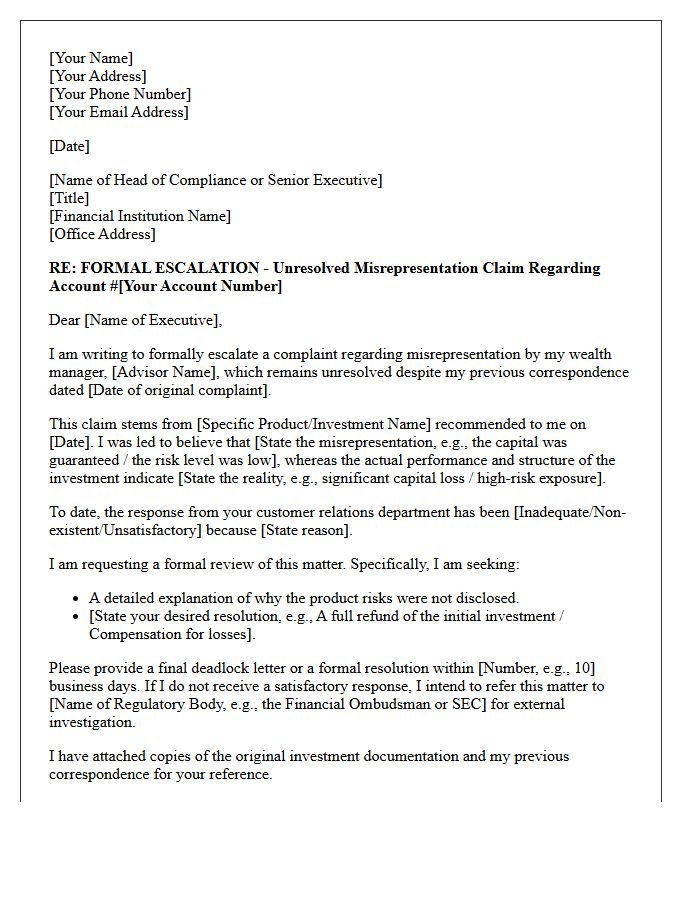 Escalation Letter For Unresolved Wealth Management Misrepresentation Claims
