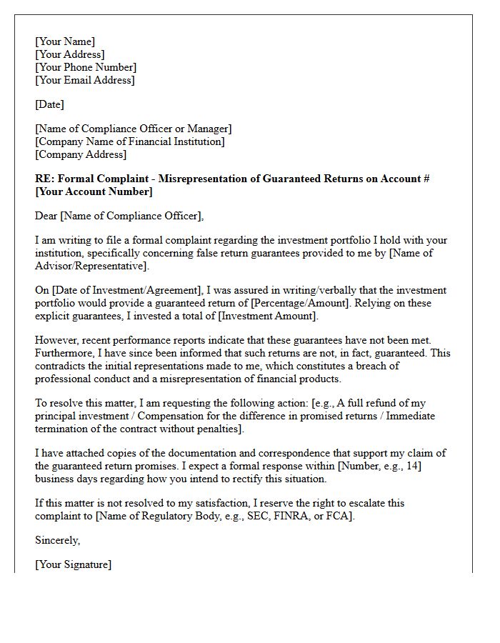 Formal Complaint Letter For False Return Guarantees On Investment Portfolios