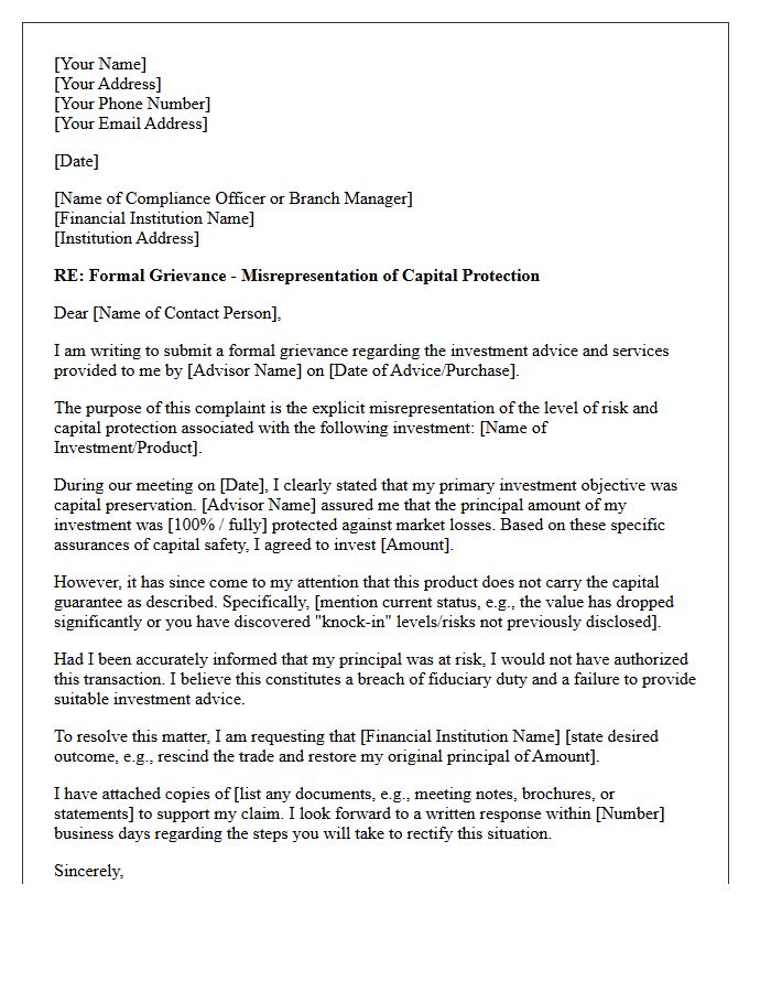 Formal Grievance Letter Regarding Advisor Misrepresentation Of Capital Protection