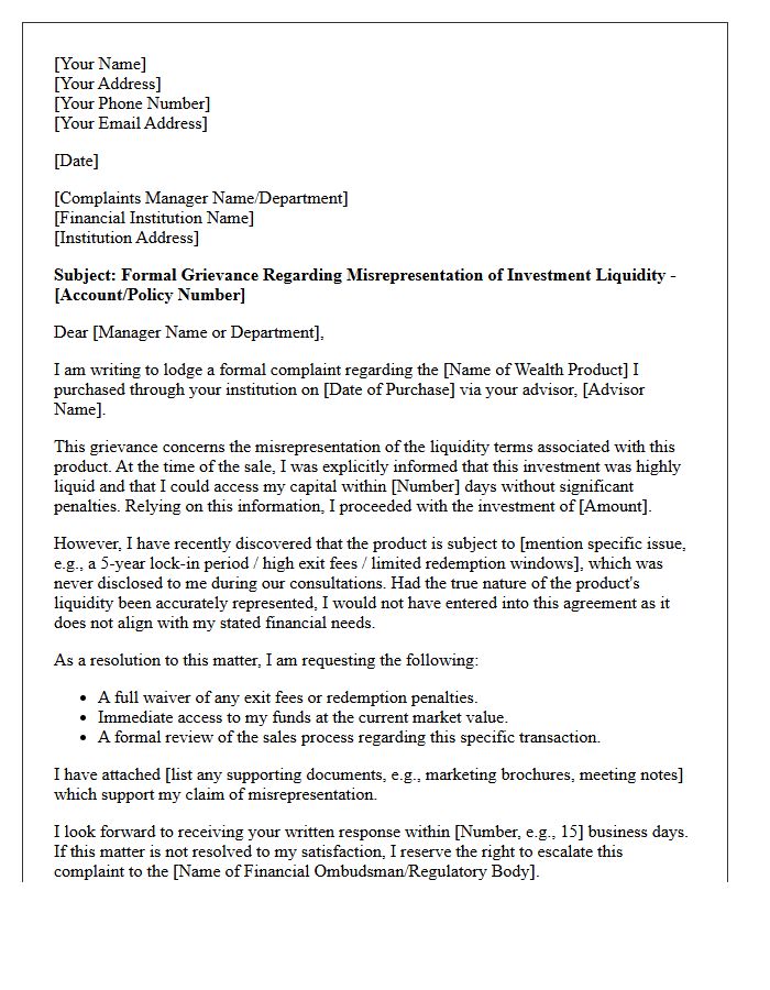 Grievance Letter Addressing Misrepresentation Of Wealth Product Liquidity