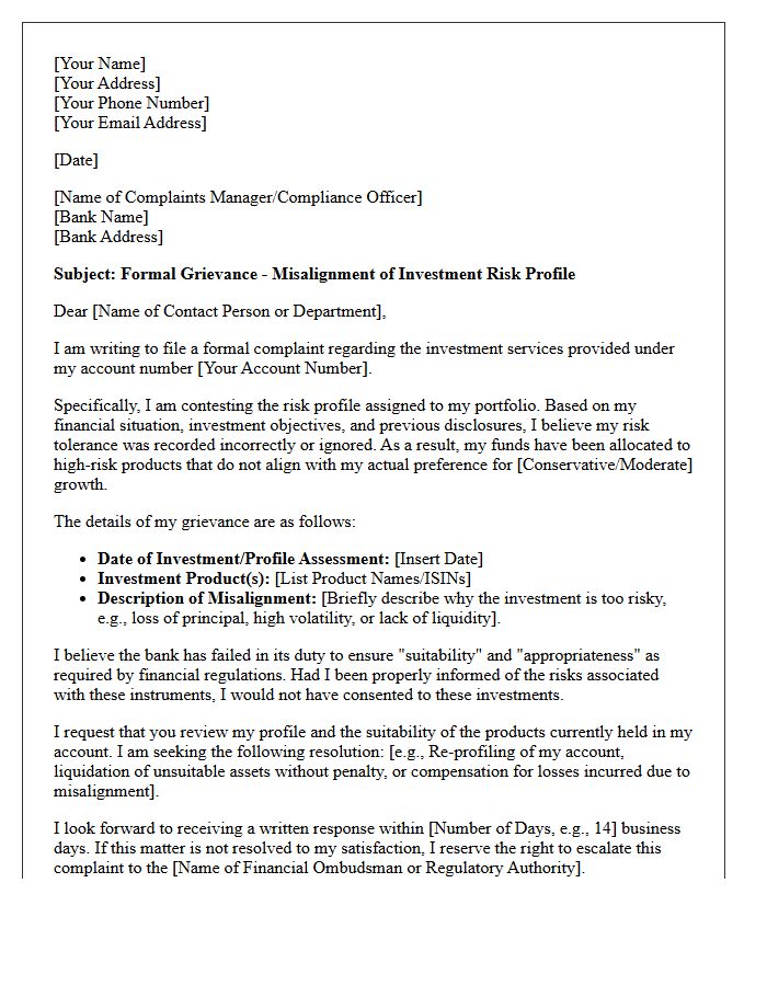Grievance Letter Contesting Misaligned Bank Investment Risk Profiles