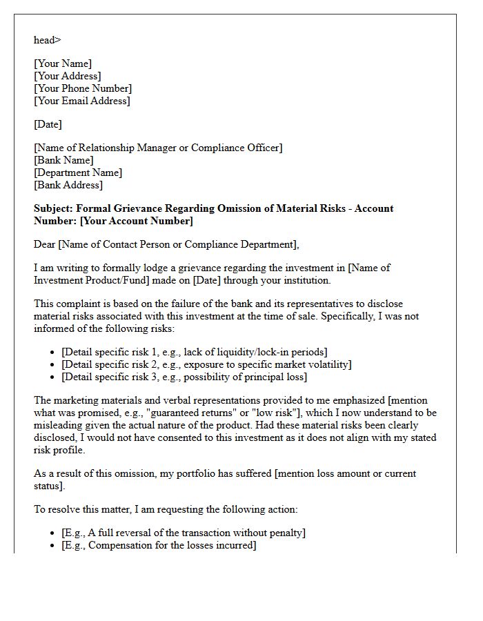 Grievance Letter For Omission Of Material Risks In Banking Investments