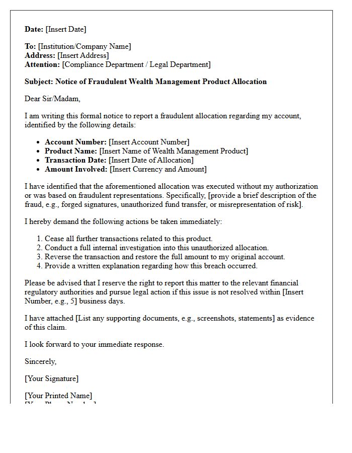 Notice Letter For Fraudulent Wealth Management Product Allocation