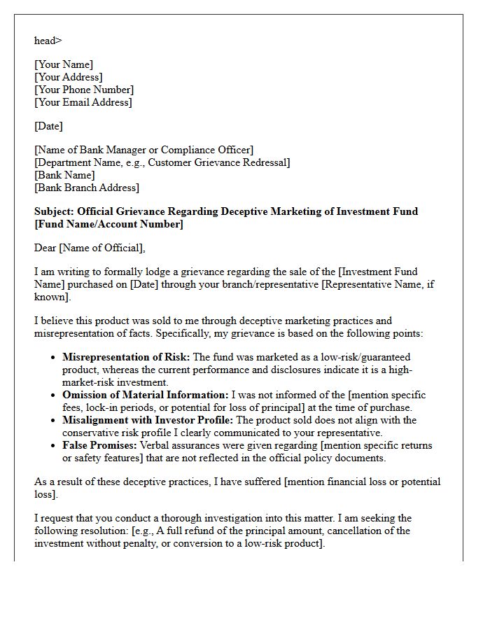 Official Grievance Letter For Deceptive Marketing Of Bank Investment Funds