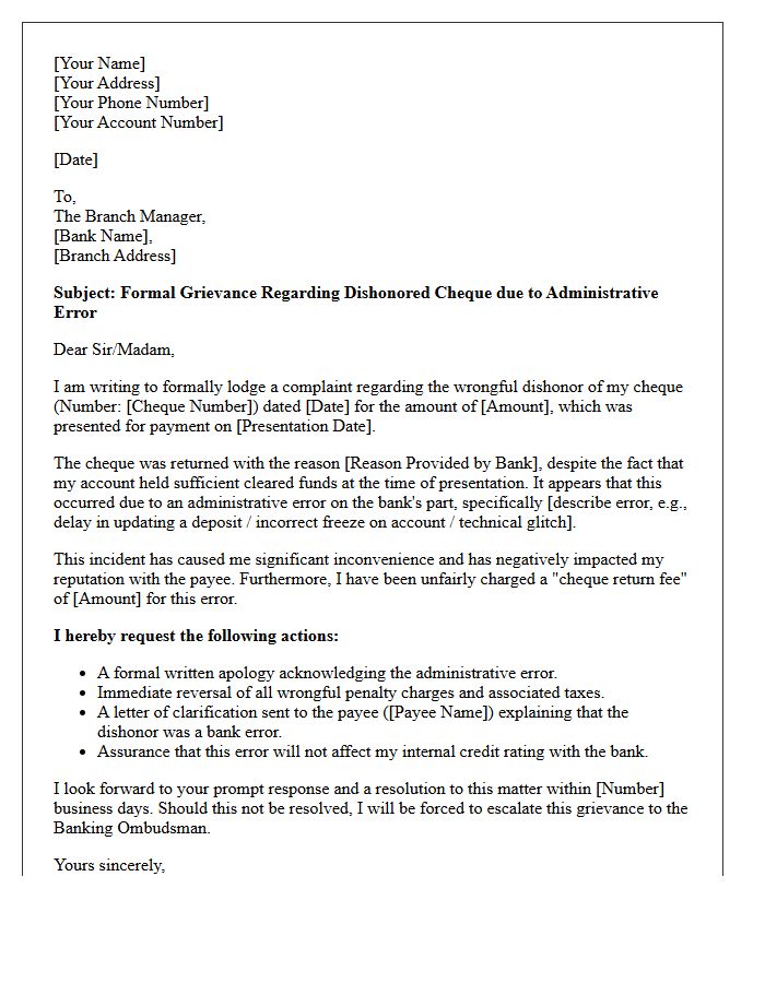 Branch Escalation Grievance Letter for Dishonored Cheque Due to Administrative Error