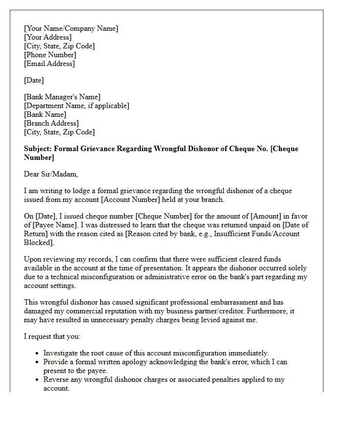 Commercial Grievance Letter for Wrongfully Dishonored Cheque Due to Account Misconfiguration