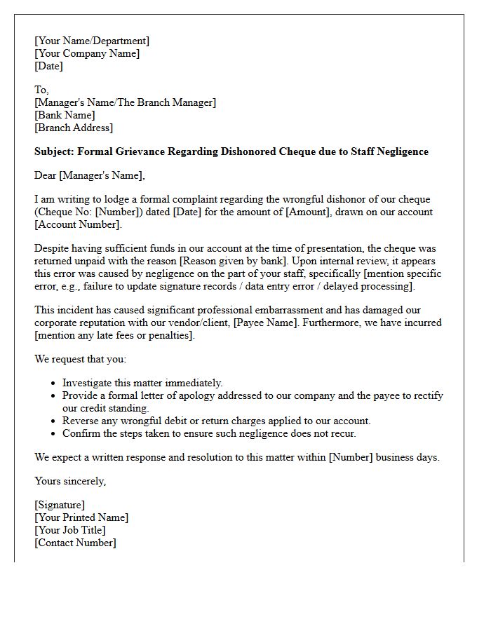 Corporate Grievance Letter for Dishonored Cheque Resulting from Staff Negligence