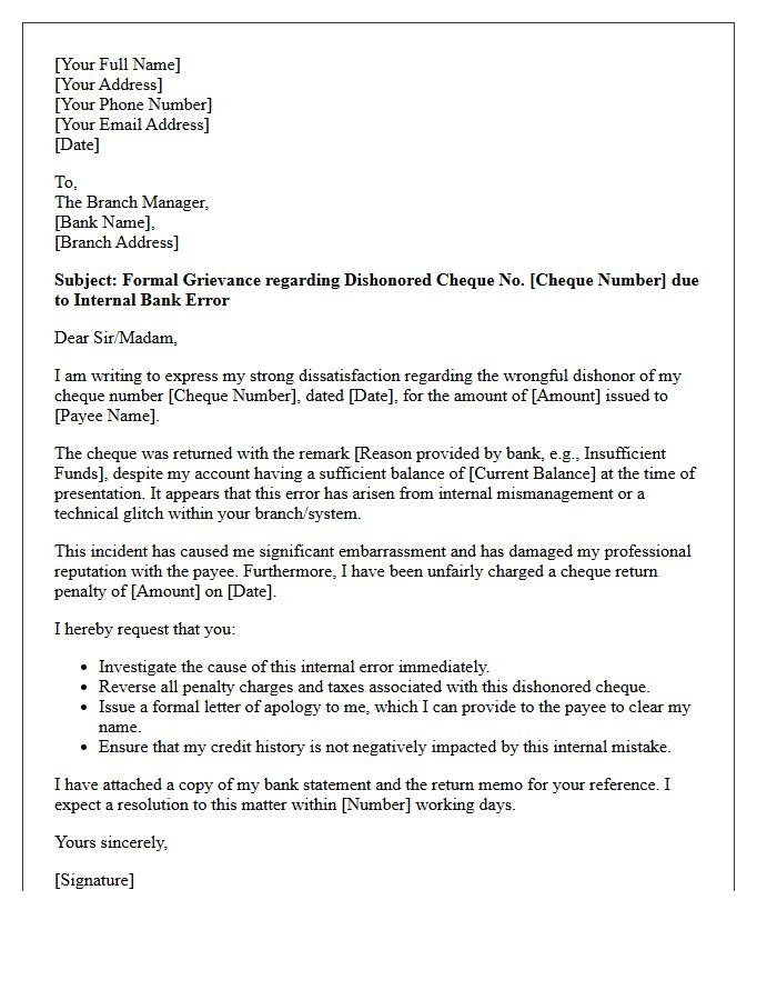 Customer Grievance Letter for Dishonored Cheque Arising from Internal Mismanagement