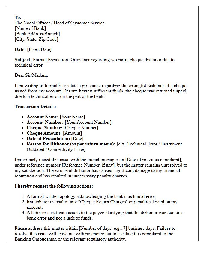 Escalated Grievance Letter for Cheque Dishonor Due to Technical Banking Error