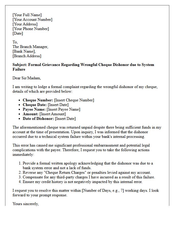 Formal Grievance Letter Regarding Cheque Dishonor Caused by System Failure