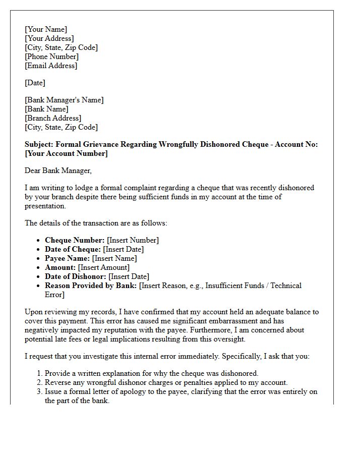 Initial Grievance Letter for Dishonored Cheque Due to Internal Bank Error