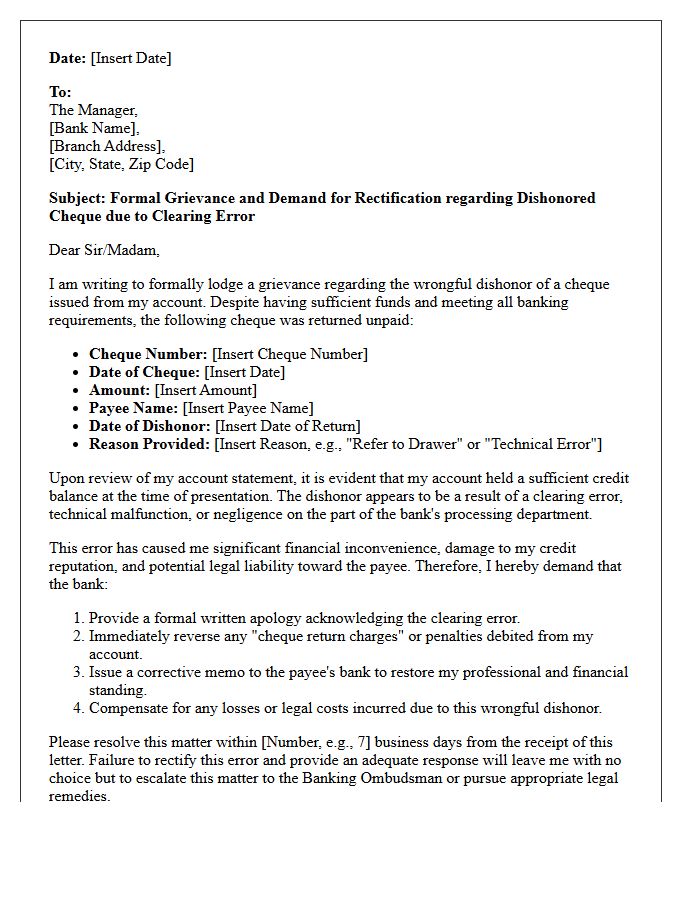 Legal Demand Grievance Letter for Dishonored Cheque Caused by Clearing Error