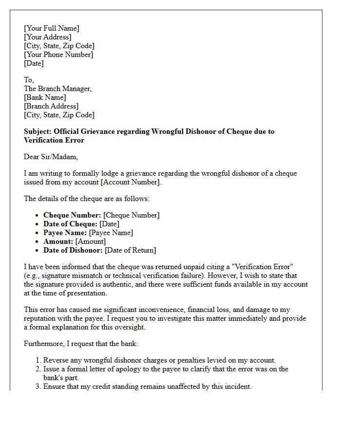 Official Grievance Letter for Cheque Dishonor Resulting from Verification Error