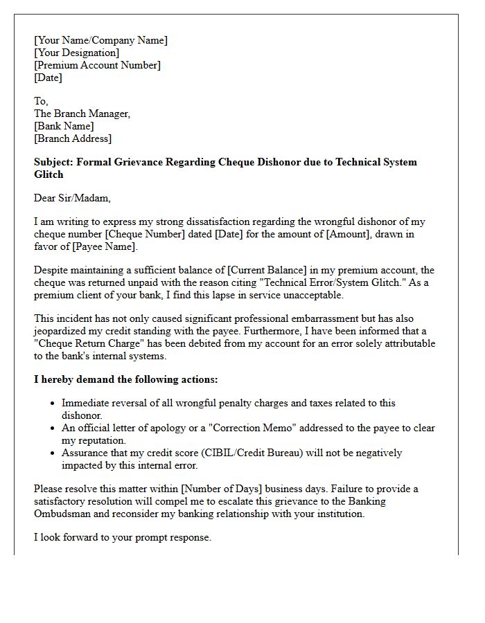 Premium Client Grievance Letter for Cheque Dishonor Caused by System Glitch