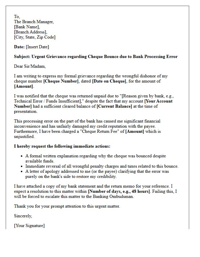 Urgent Grievance Letter for Cheque Bounced Due to Bank Processing Error