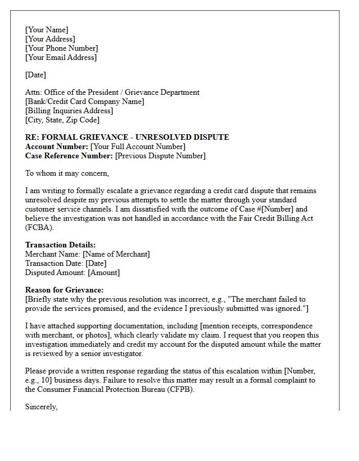 Escalated Grievance Letter For Unresolved Credit Card Dispute