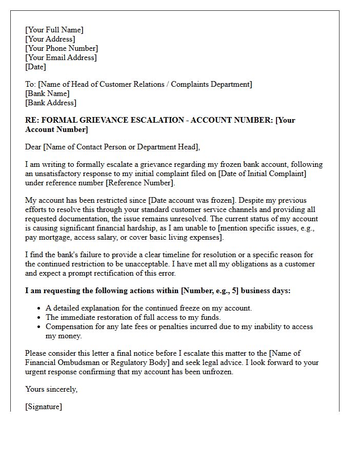 Escalated Grievance Letter For Unsatisfactory Resolution Of Frozen Bank Account