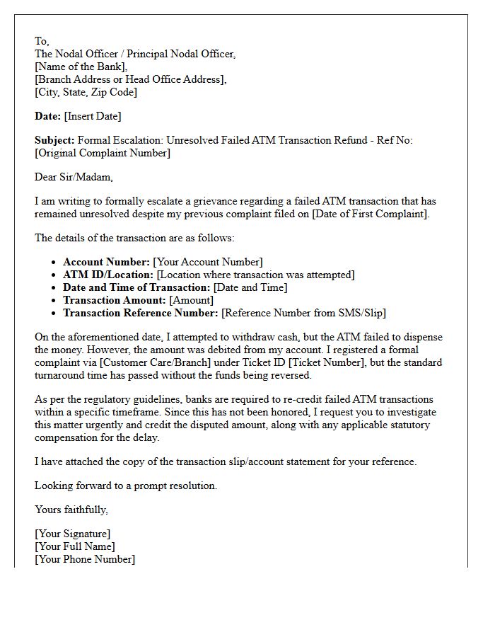 Escalation Grievance Letter For Unresolved Failed ATM Transaction Refund