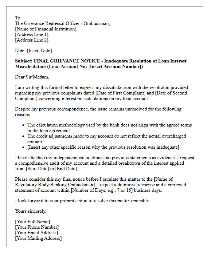 Final Grievance Letter For Inadequate Resolution Of Loan Interest Miscalculation