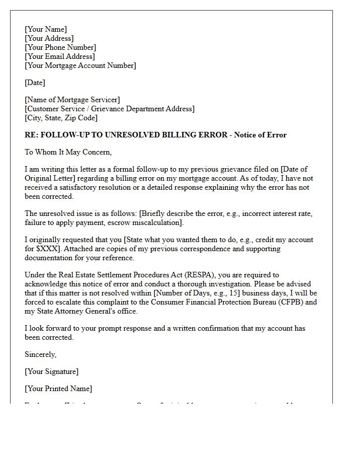 Follow-Up Grievance Letter For Unresolved Mortgage Billing Error