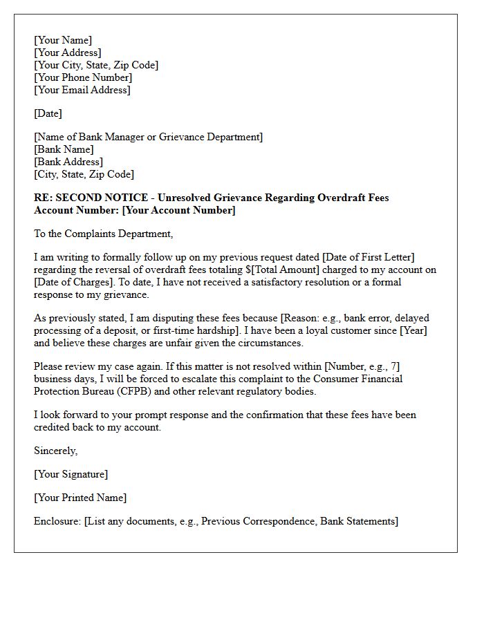Follow-Up Grievance Letter For Unresolved Overdraft Fee Reversal Request