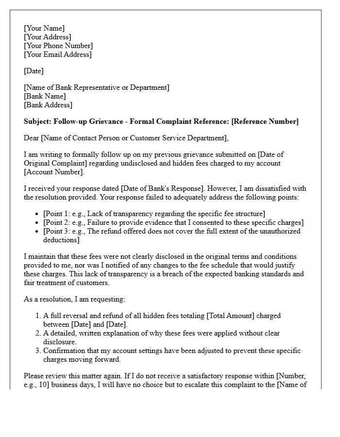 Follow-Up Grievance Letter Regarding Inadequate Resolution Of Hidden Banking Fees