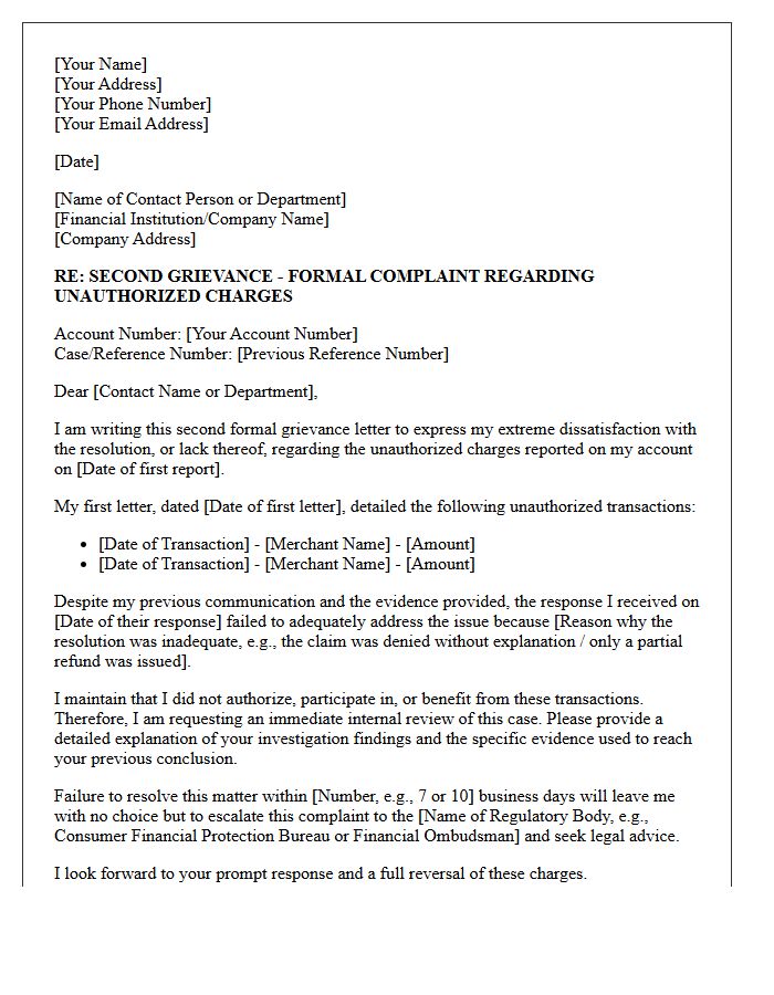 Second Grievance Letter Regarding Inadequate Resolution Of Unauthorized Account Charges