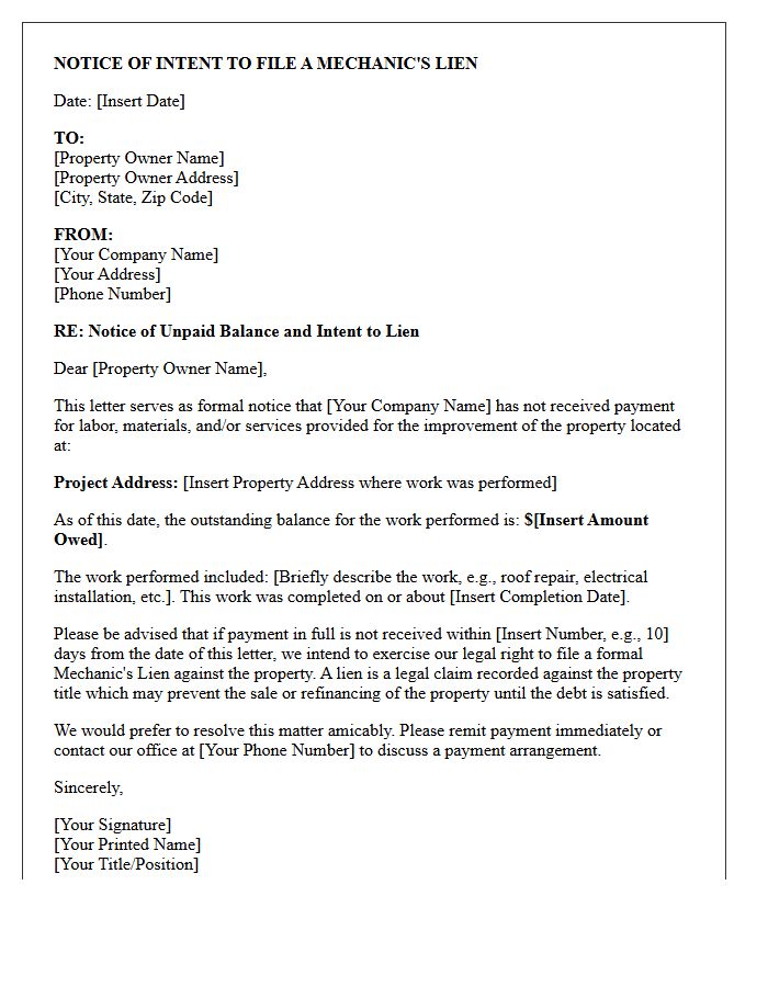 Construction Contractor Mechanic Lien Initial Warning Letter