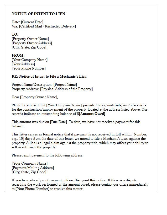 Construction Debt Collection Initial Lien Warning Letter