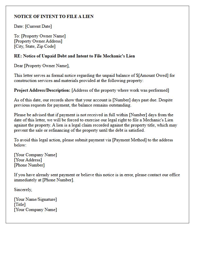 Construction Services Unpaid Debt Lien Warning Letter