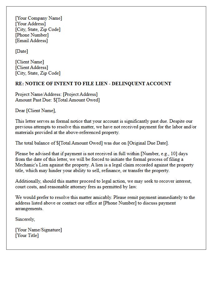 Contractor Delinquent Account And Lien Initiation Warning Letter