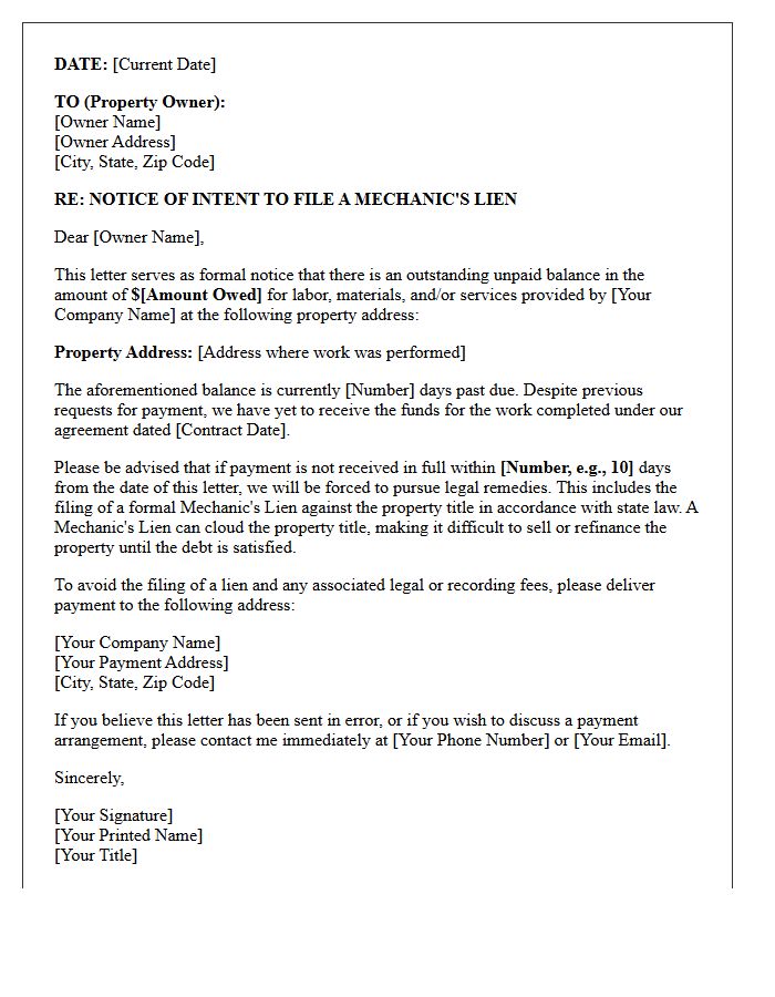 Contractor Unpaid Balance And Mechanic Lien Warning Letter