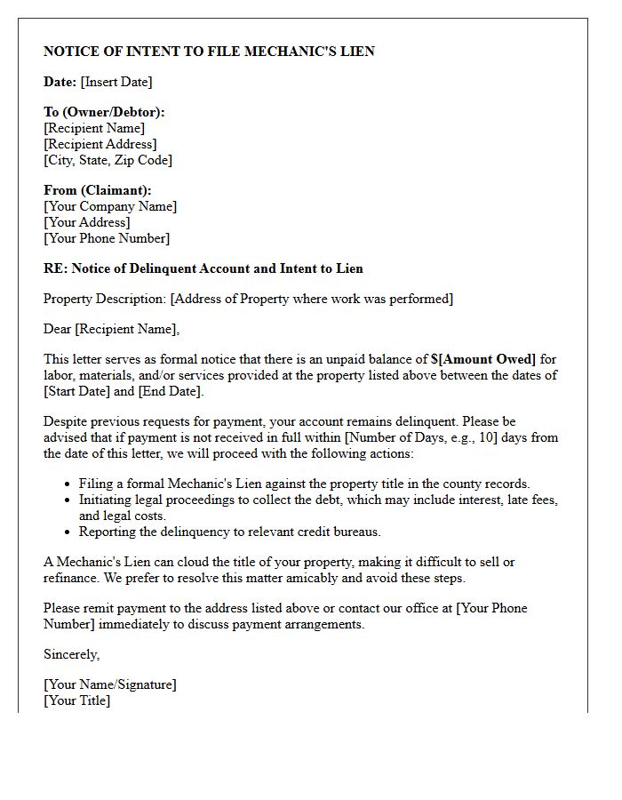 Debt Collection Notice And Mechanic Lien Warning Letter