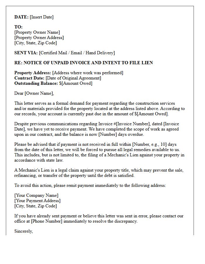 Initial Contractor Payment Demand And Lien Warning Letter