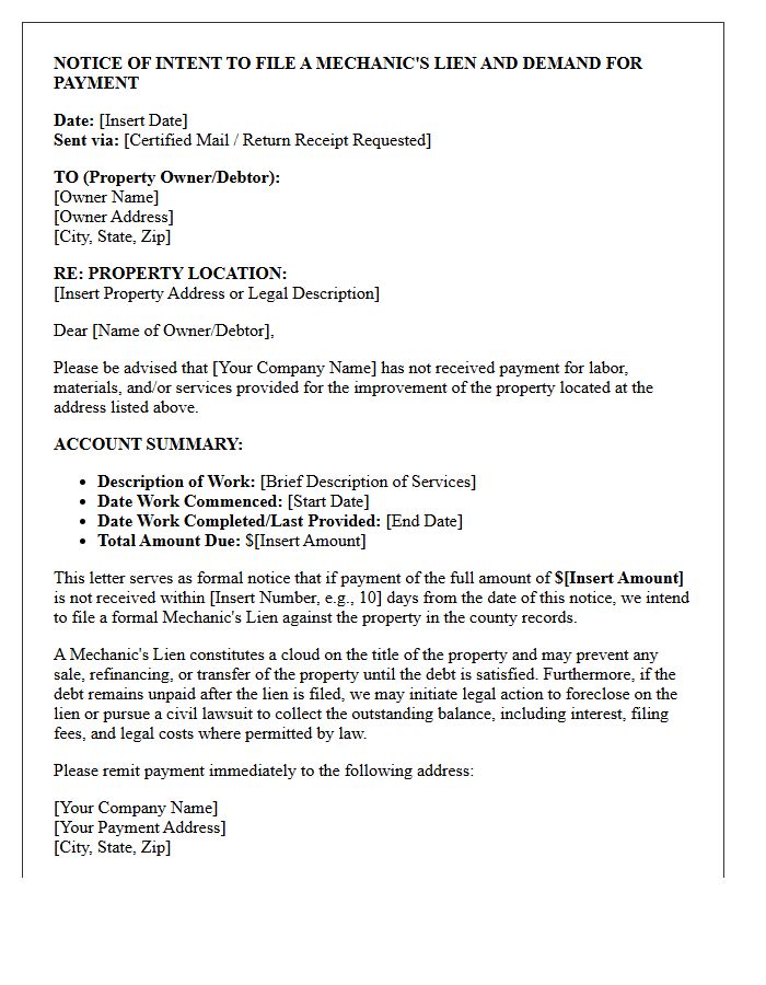 Initial Mechanic Lien Notice And Debt Collection Letter