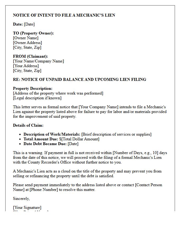 Notice Of Intent To File Mechanic Lien Warning Letter