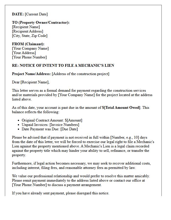 Pre-Lien Debt Collection Warning Letter For Construction Contractors