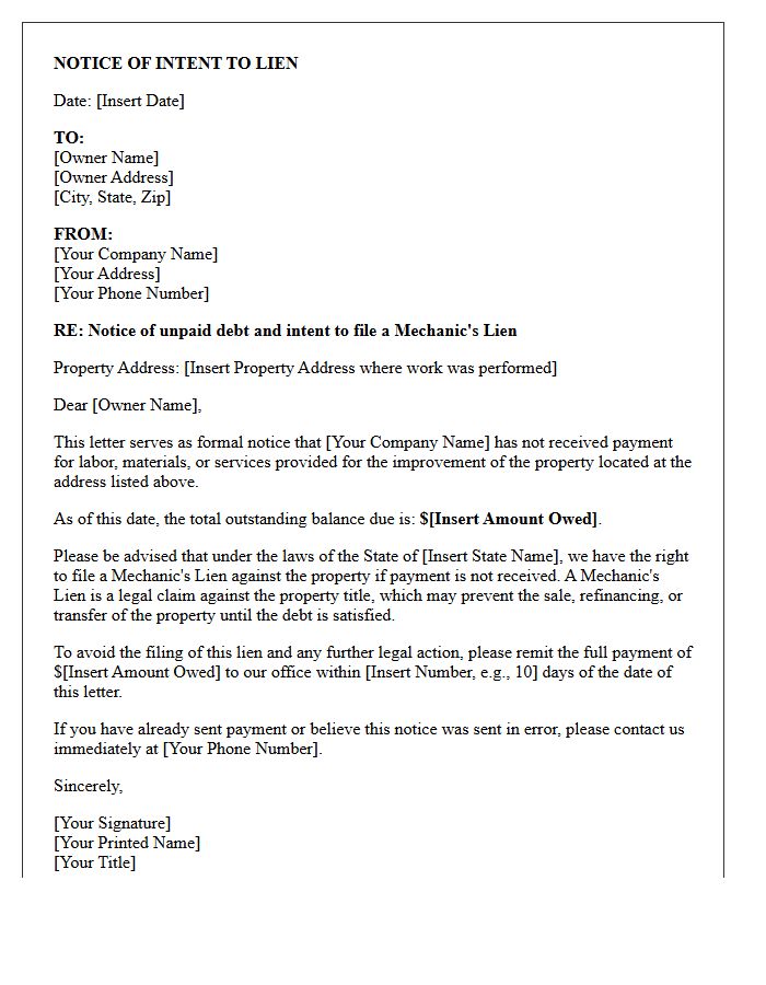 Preliminary Mechanic Lien Warning Letter For Construction Debt