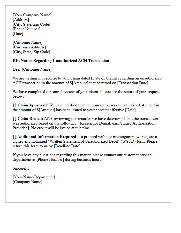 ACH Unauthorized Transaction Response Letter