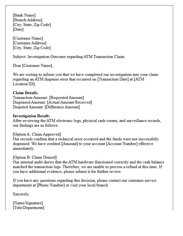 ATM Dispense Error Investigation Response Letter