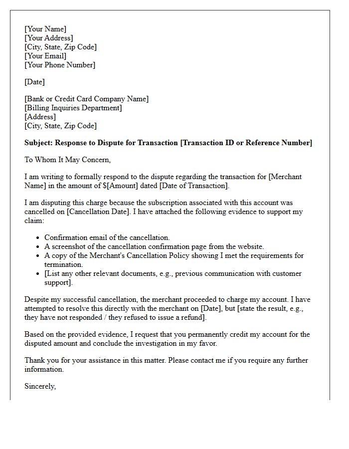Cancelled Subscription Dispute Response Letter