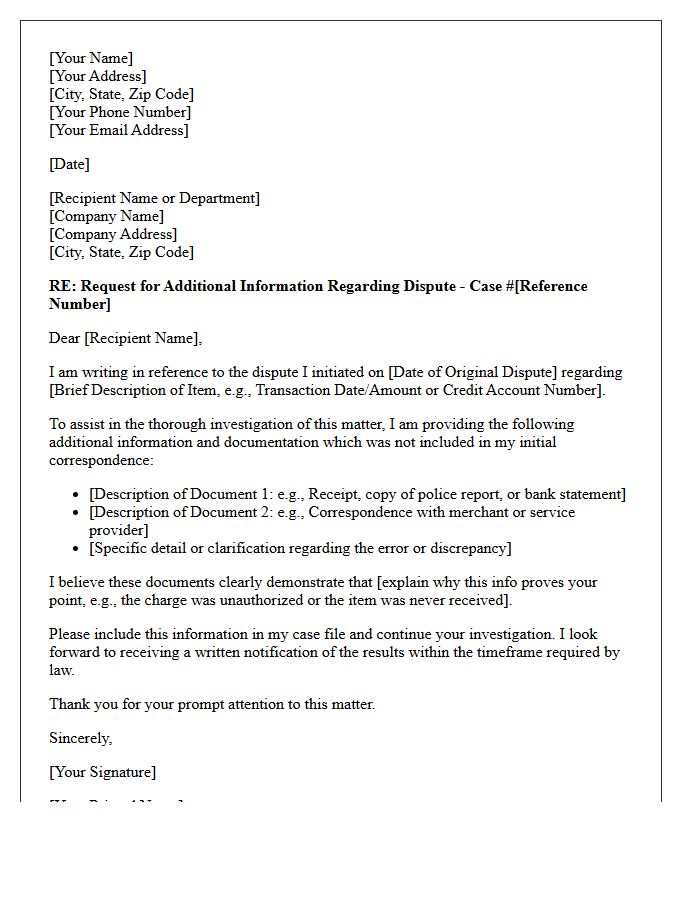 Dispute Investigation Additional Information Request Letter