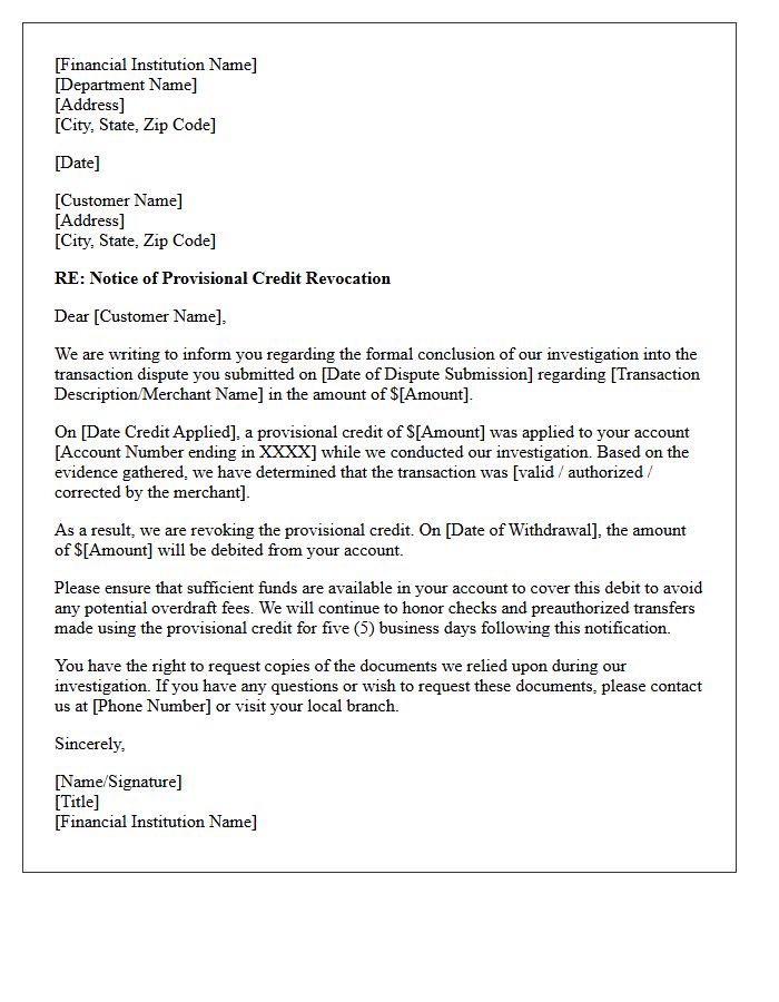Provisional Credit Revocation Letter