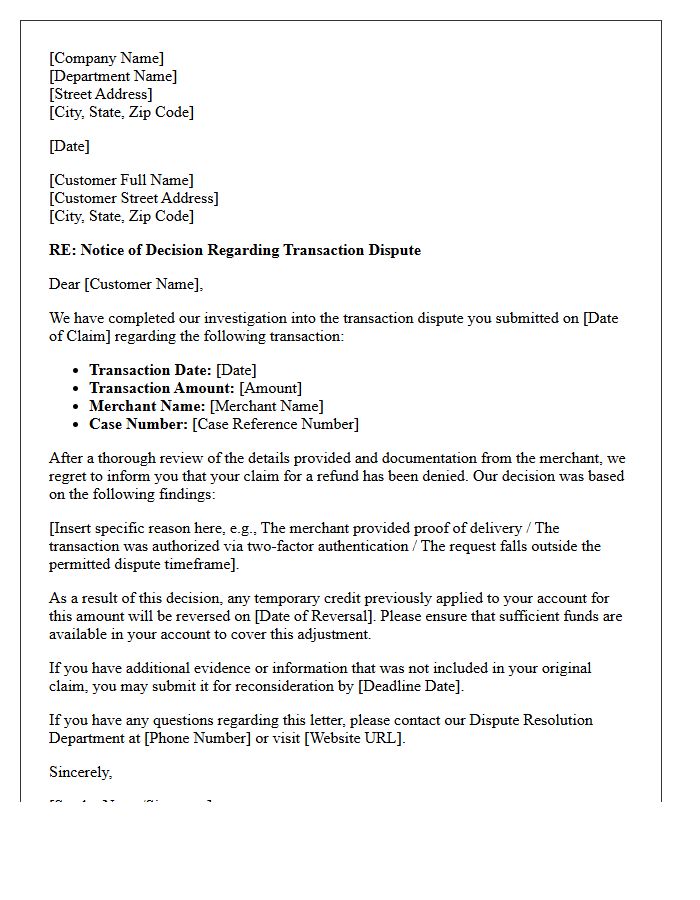 Transaction Dispute Claim Denial Letter